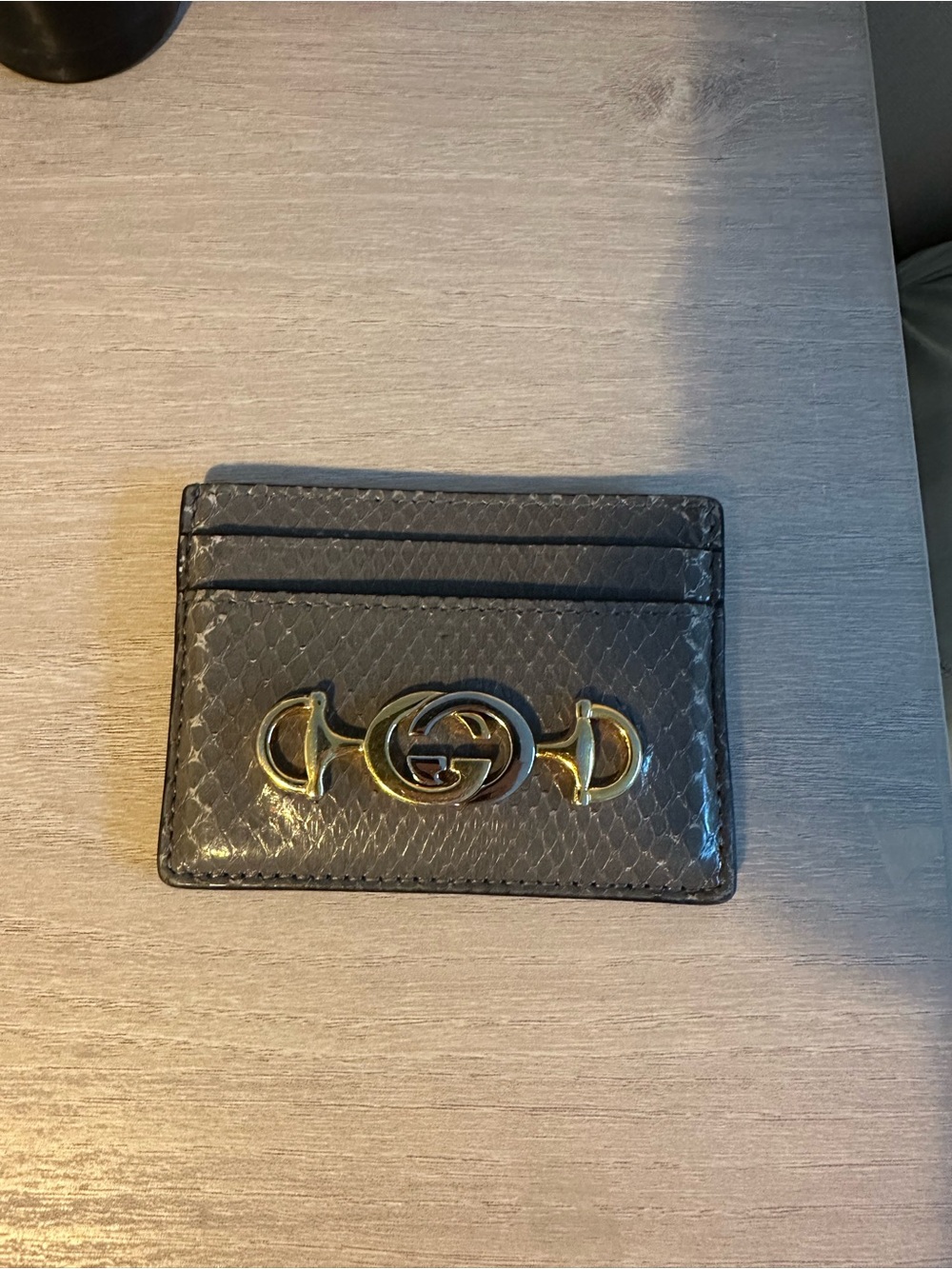 Gucci Gray Snakeskin Card Holder with Gold GG Horsebit